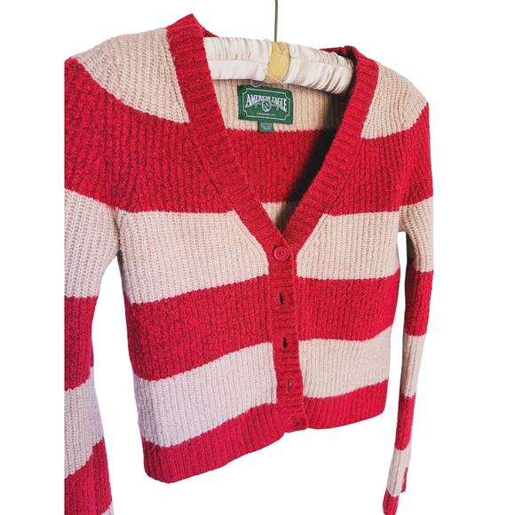American Eagle Red Cream Rugby Stripe Button Cardigan Sweater XS Academia Preppy - Picture 6 of 9